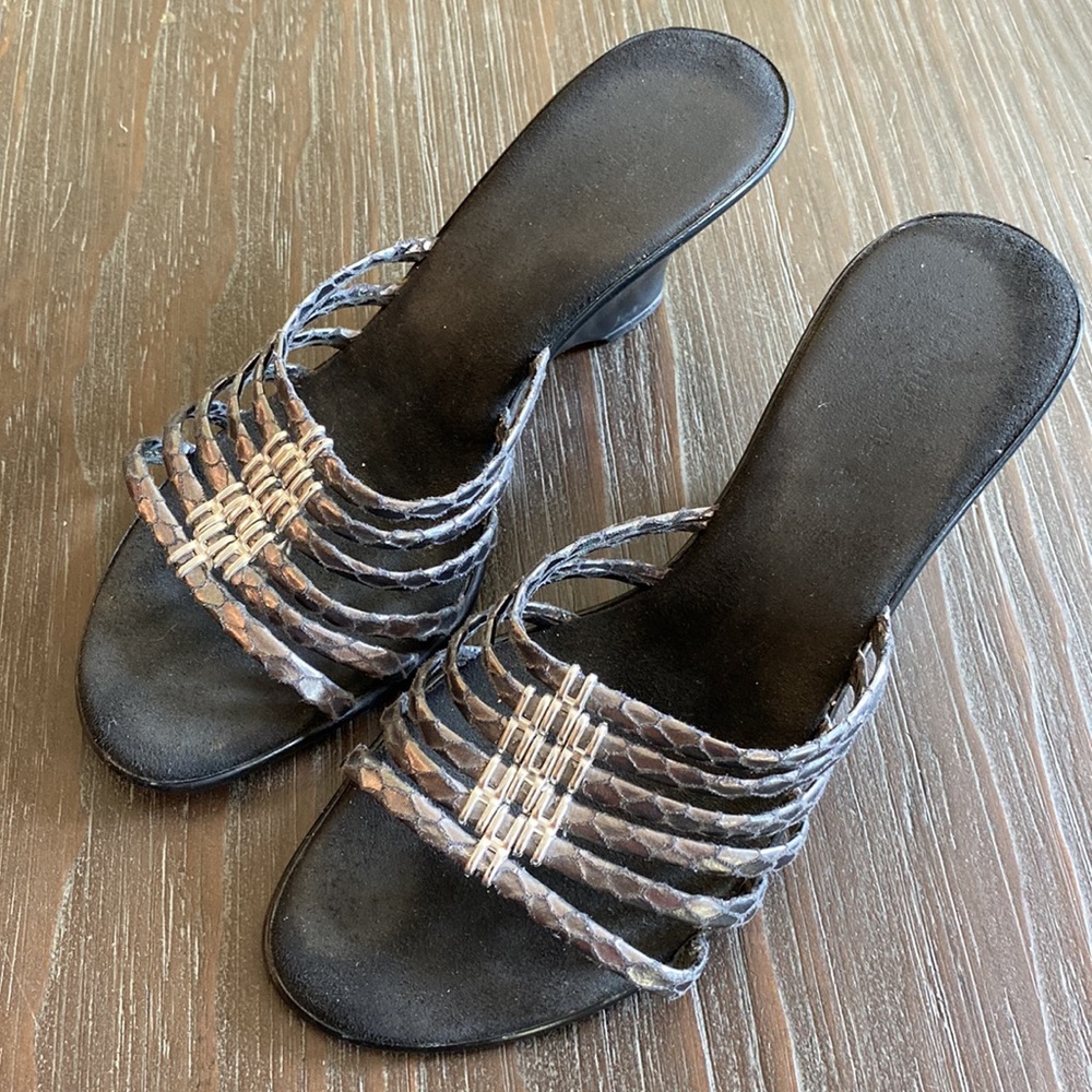 Liz Claiborne leather sandals with silver and pewter coloured embellishments.